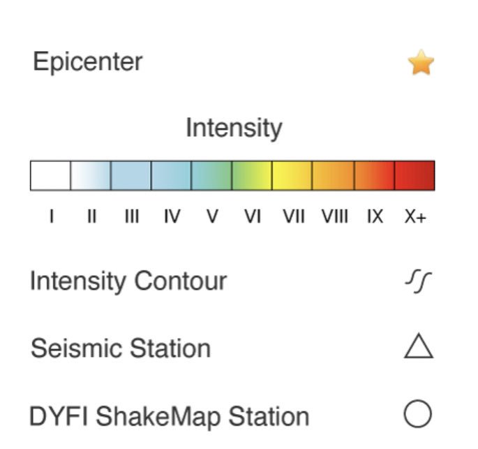 Shake map from 7.1 earthquake in Southern California at 8:19 p.m. Felt in Las Vegas and Northern California. (Maps and key from @USGS)   