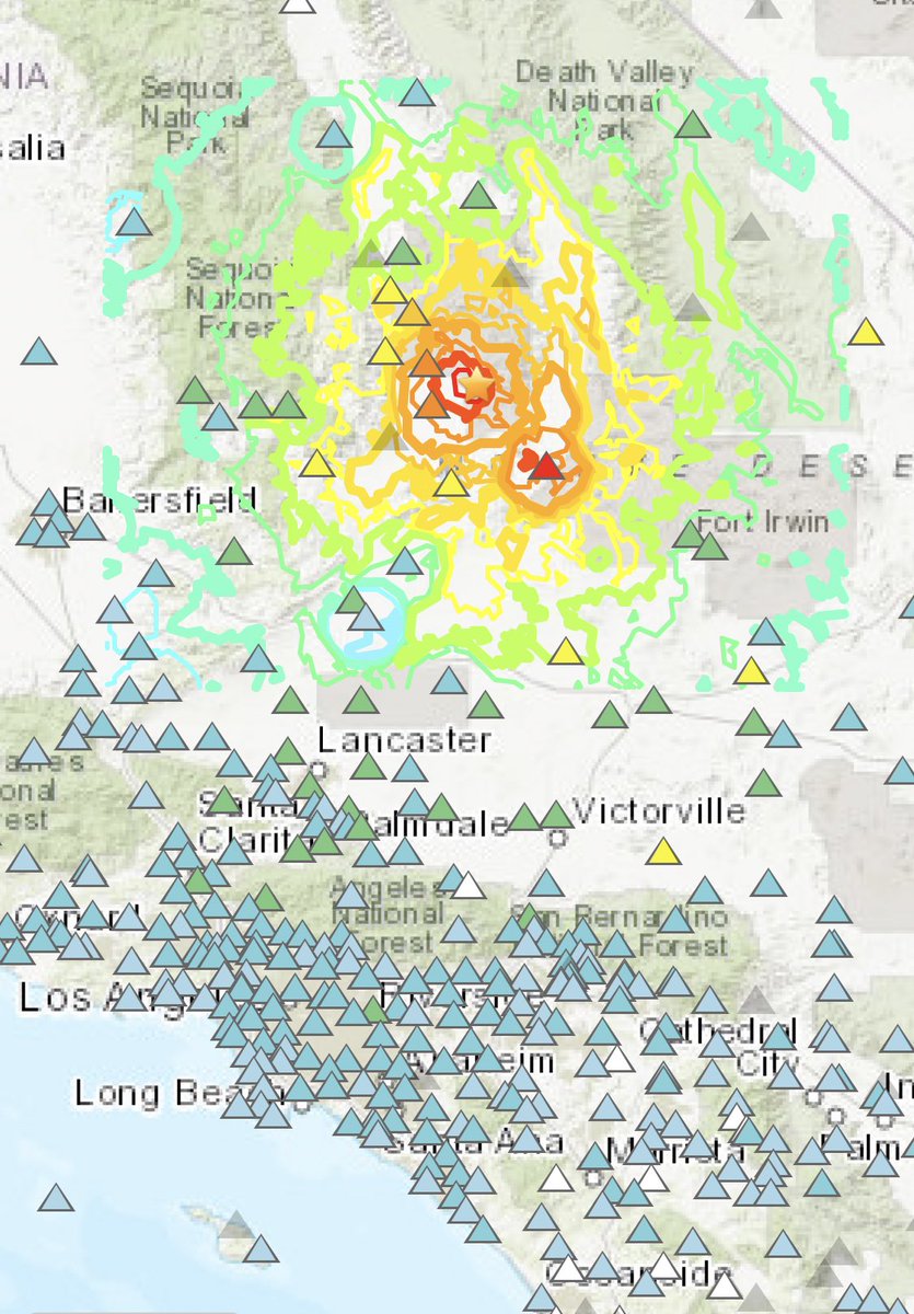 Shake map from 7.1 earthquake in Southern California at 8:19 p.m. Felt in Las Vegas and Northern California. (Maps and key from @USGS)   