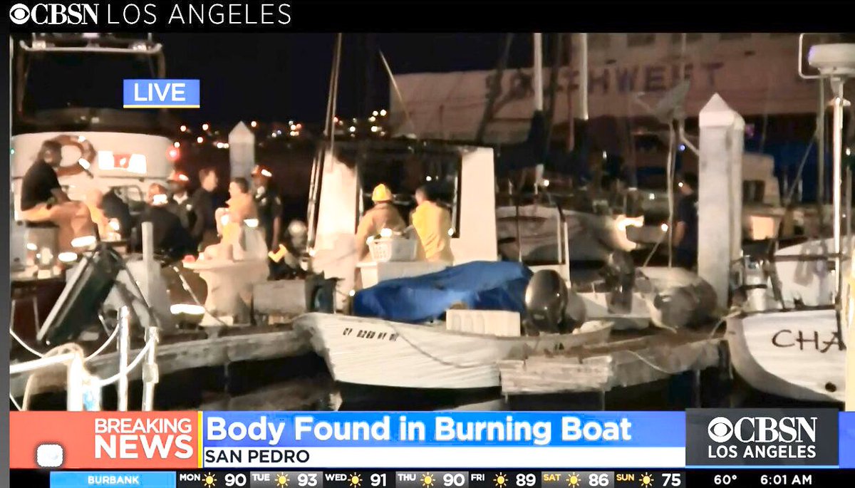 Fatal boat fire in San Pedro. One charred body found after fire was extinguished.