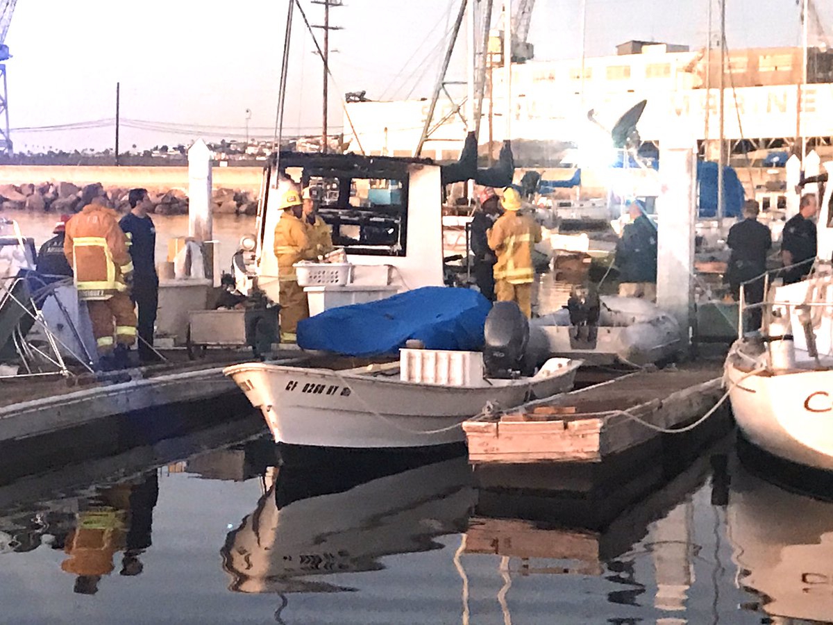 Fatal boat fire in San Pedro. One charred body found after fire was extinguished.