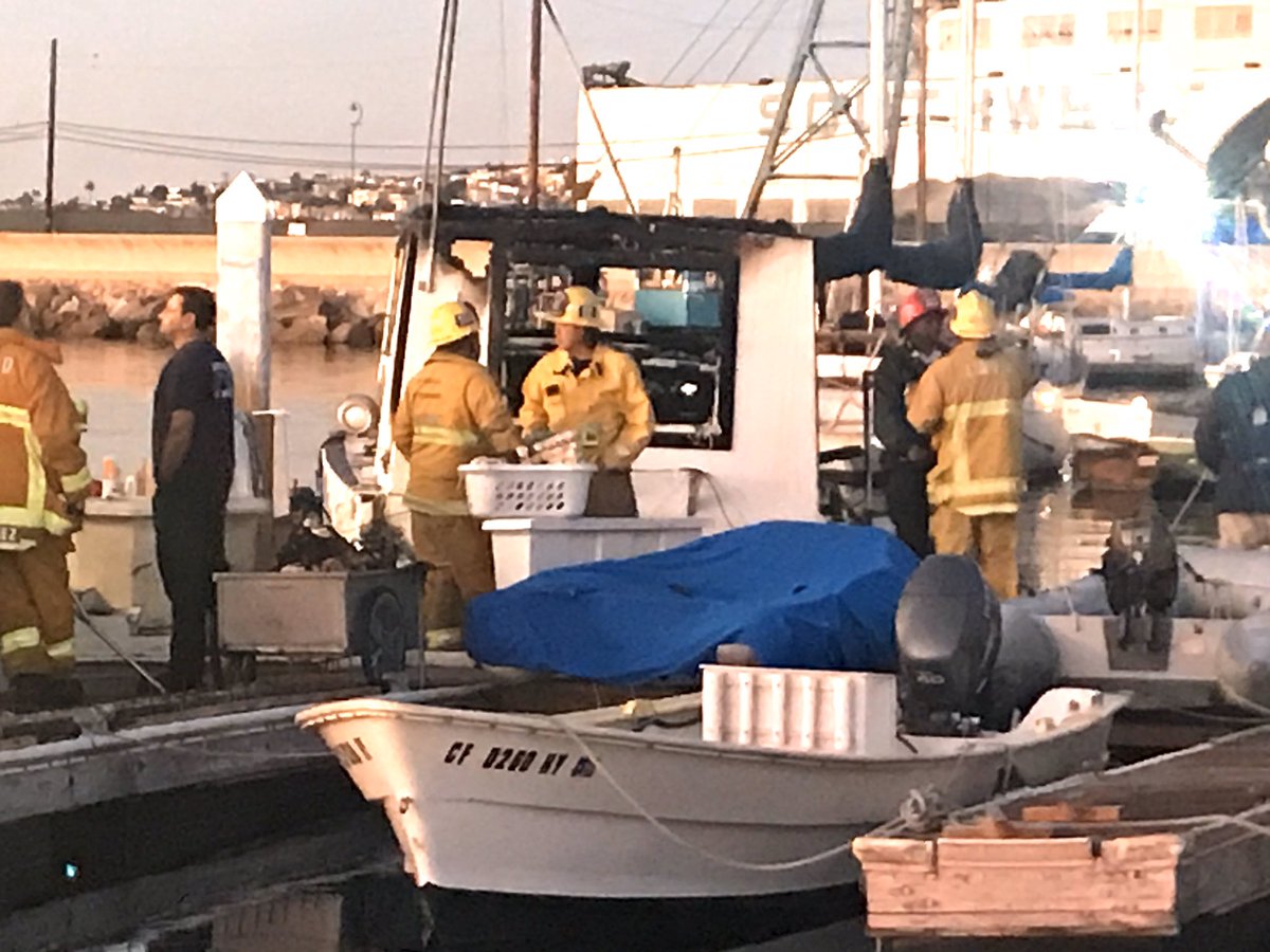 Fatal boat fire in San Pedro. One charred body found after fire was extinguished.