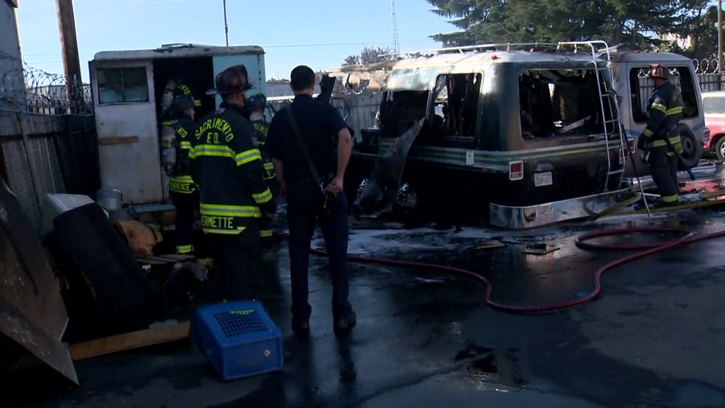 Two motor homes caught fire in a storage facility Monday on Folsom Boulevard, sending a large plume of smoke into the sky