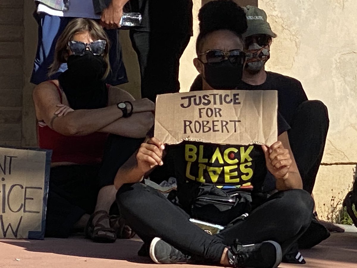 Demonstration outside Palmdale City Hall this morning as activists hold sit-in, blocking access to building. They're demanding answers in the hanging death of Robert Fuller, currently ruled a suicide