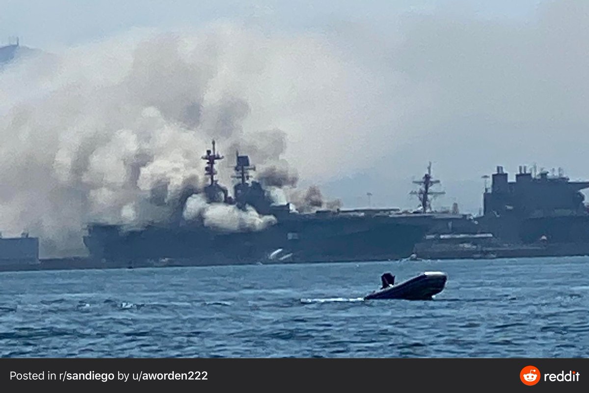 More views of the fire burning   on board US Navy amphibious ship USS BONHOMME RICHARD LHD6 at 32nd Street Naval Station in San Diego. Reports so far indicate 3 sailors, 1 SDFD fireman injured. At the moment the fire seems to be growing