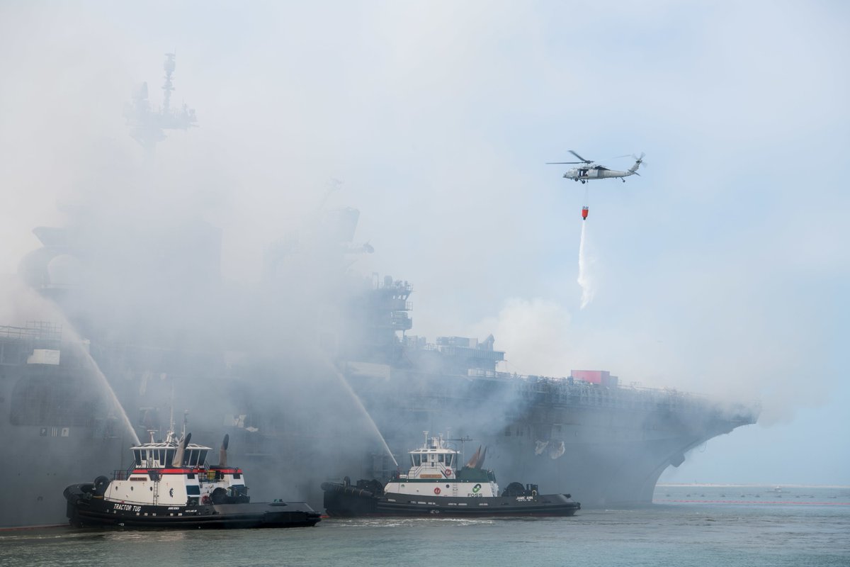 More imagery from the continuing fight to save burning USS BONHOMME RICHARD LHD6 at San Diego Naval Base. Firefighting efforts by more than 400 Navy sailors and civilian firefighters continued throughout Monday 13 July but the Navy has yet to declare the fire out