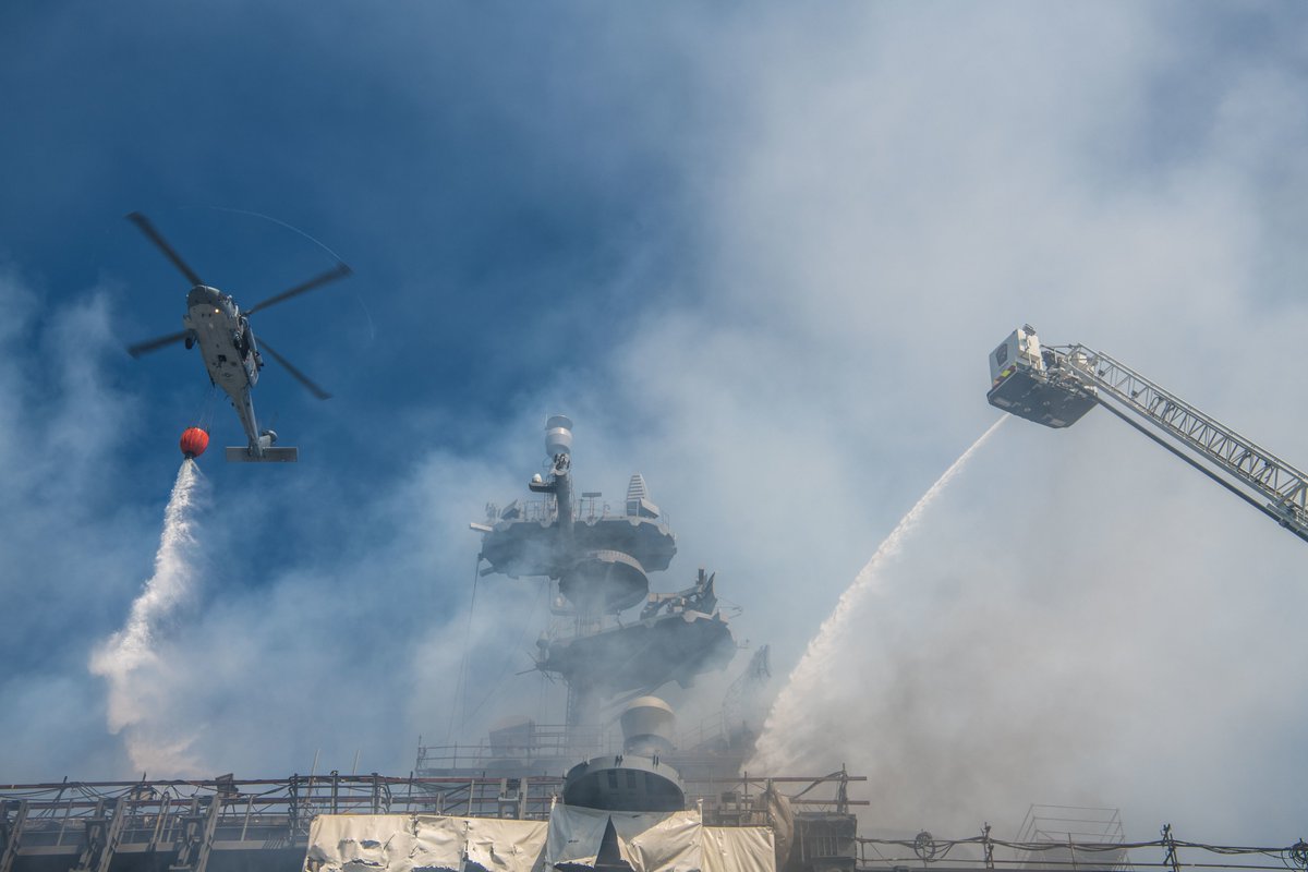 More imagery from the continuing fight to save burning USS BONHOMME RICHARD LHD6 at San Diego Naval Base. Firefighting efforts by more than 400 Navy sailors and civilian firefighters continued throughout Monday 13 July but the Navy has yet to declare the fire out