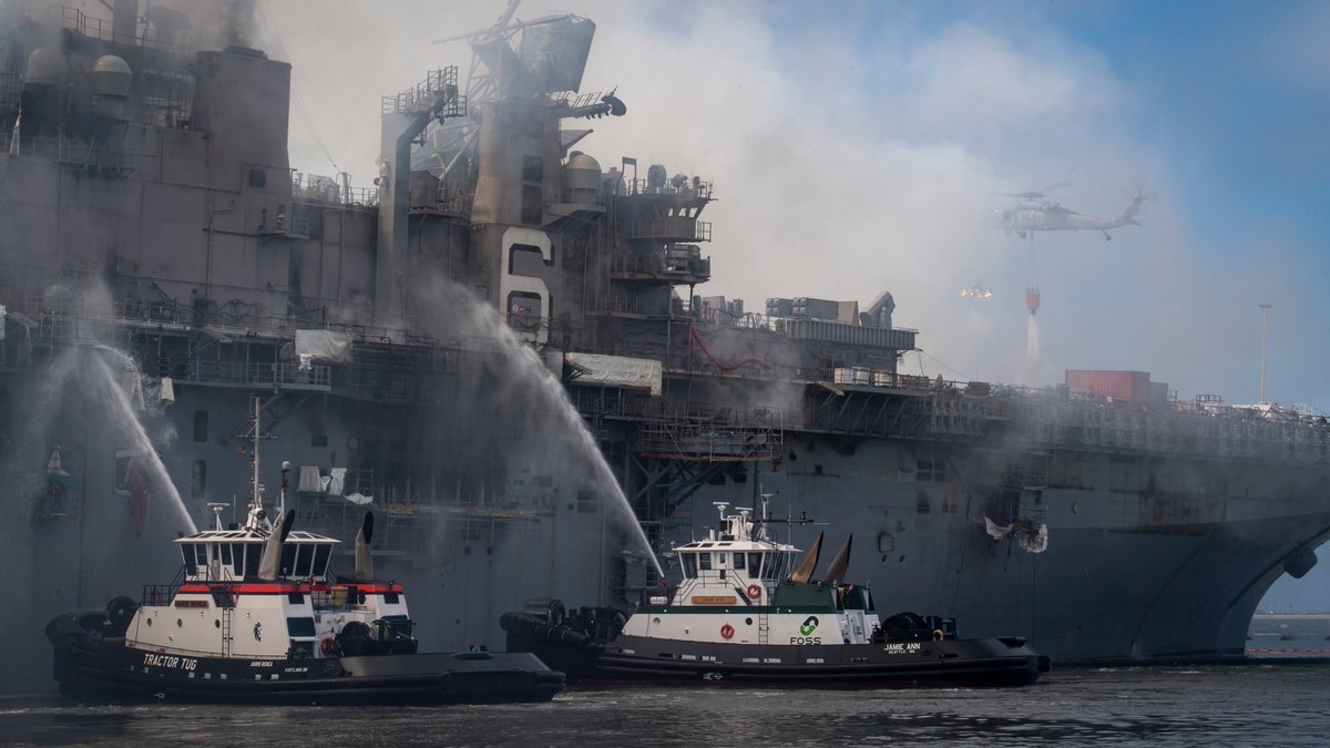 More imagery from the continuing fight to save burning USS BONHOMME RICHARD LHD6 at San Diego Naval Base. Firefighting efforts by more than 400 Navy sailors and civilian firefighters continued throughout Monday 13 July but the Navy has yet to declare the fire out