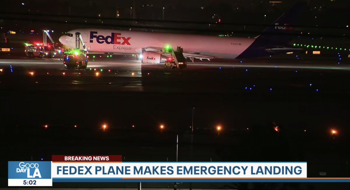 Per @flyLAXairport: FedEx Flight 1026, A Boeing 767-300, has landed safely after declaring an emergency. The aircraft was not carrying passengers and there are no injuries reported. Emergency crews are on scene evaluating the aircraft