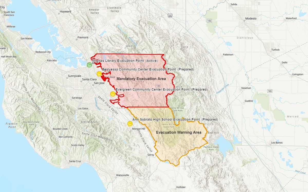 San Jose City Limits Map The Cal Fire evacuation zone, east of City Limits. San Jose 