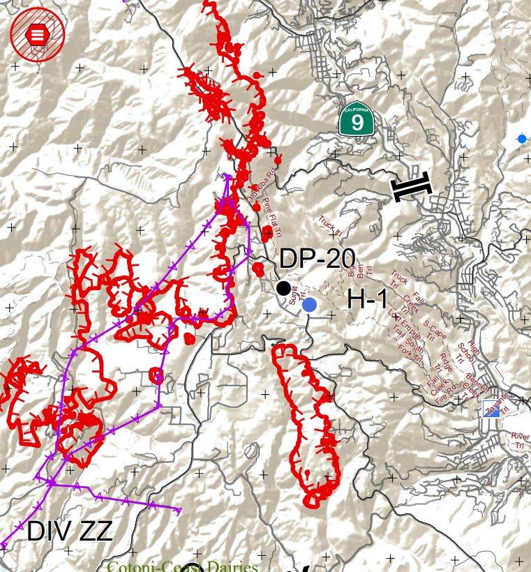 This is the edge of the fire burning in Santa Cruz County. Burning into Bonny Doon but currently kept away from most of Ben Lomond.