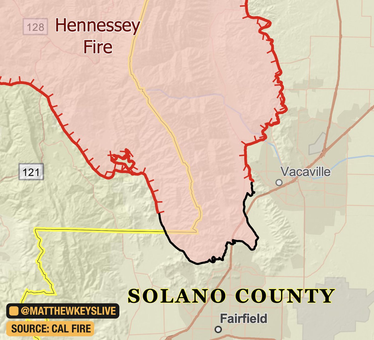 CAL FIRE map shows LNULightningComplex perimeter as of Friday evening. Black border at the tip of the Solano County perimeter shows containment line. 