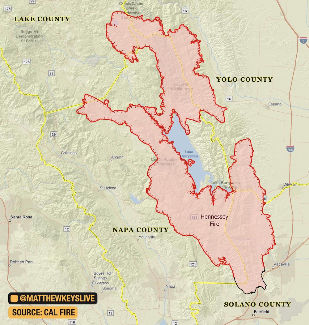 CAL FIRE map shows LNULightningComplex perimeter as of ...