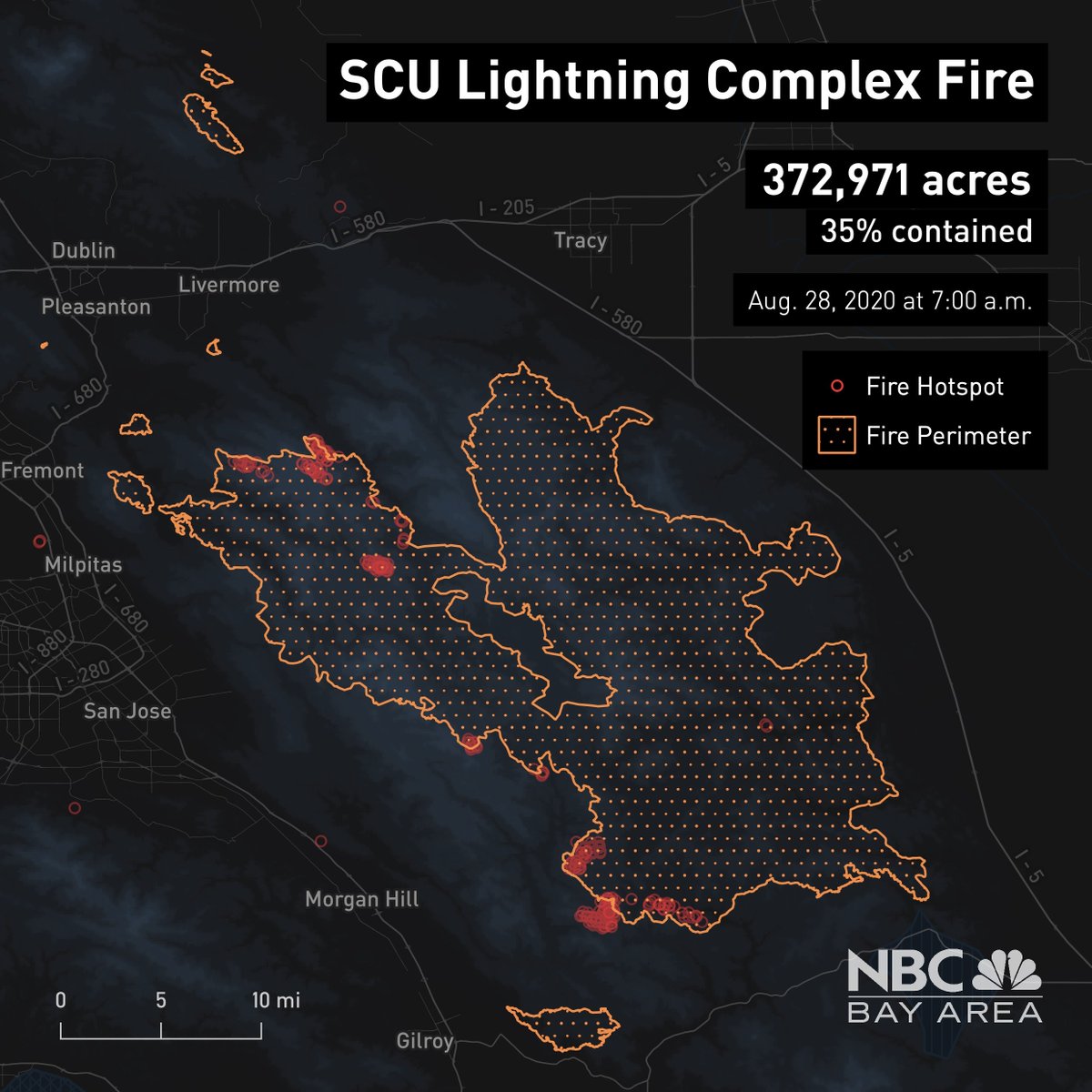 fire perimeters for the CZU, LNU and SCU Complex fires burning in the Bay Area