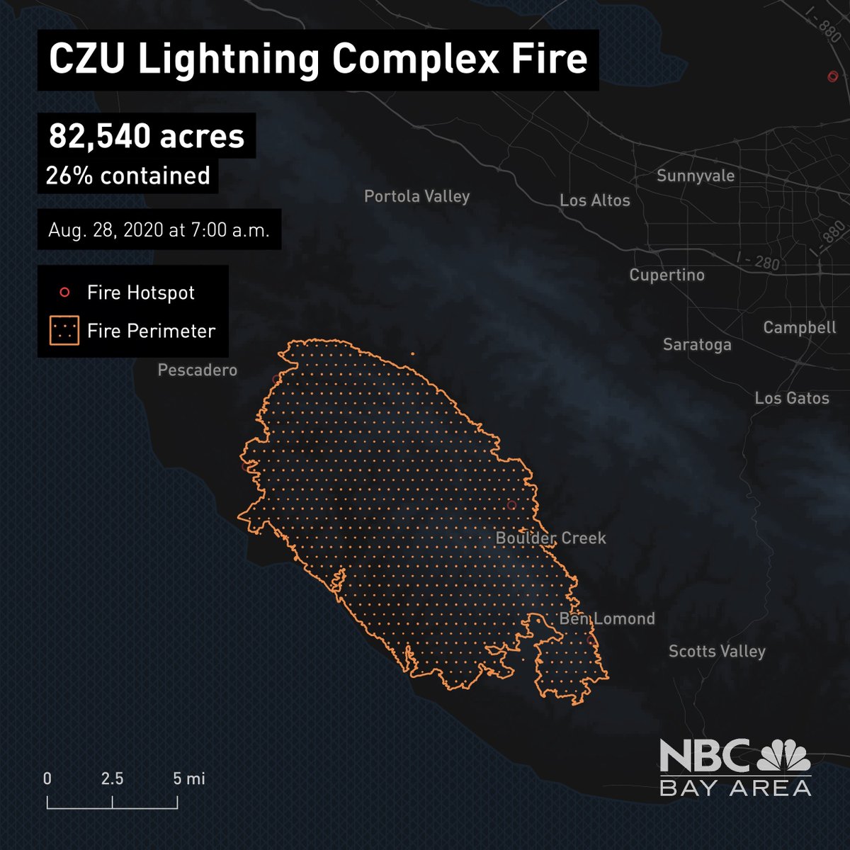 fire perimeters for the CZU, LNU and SCU Complex fires burning in the Bay Area