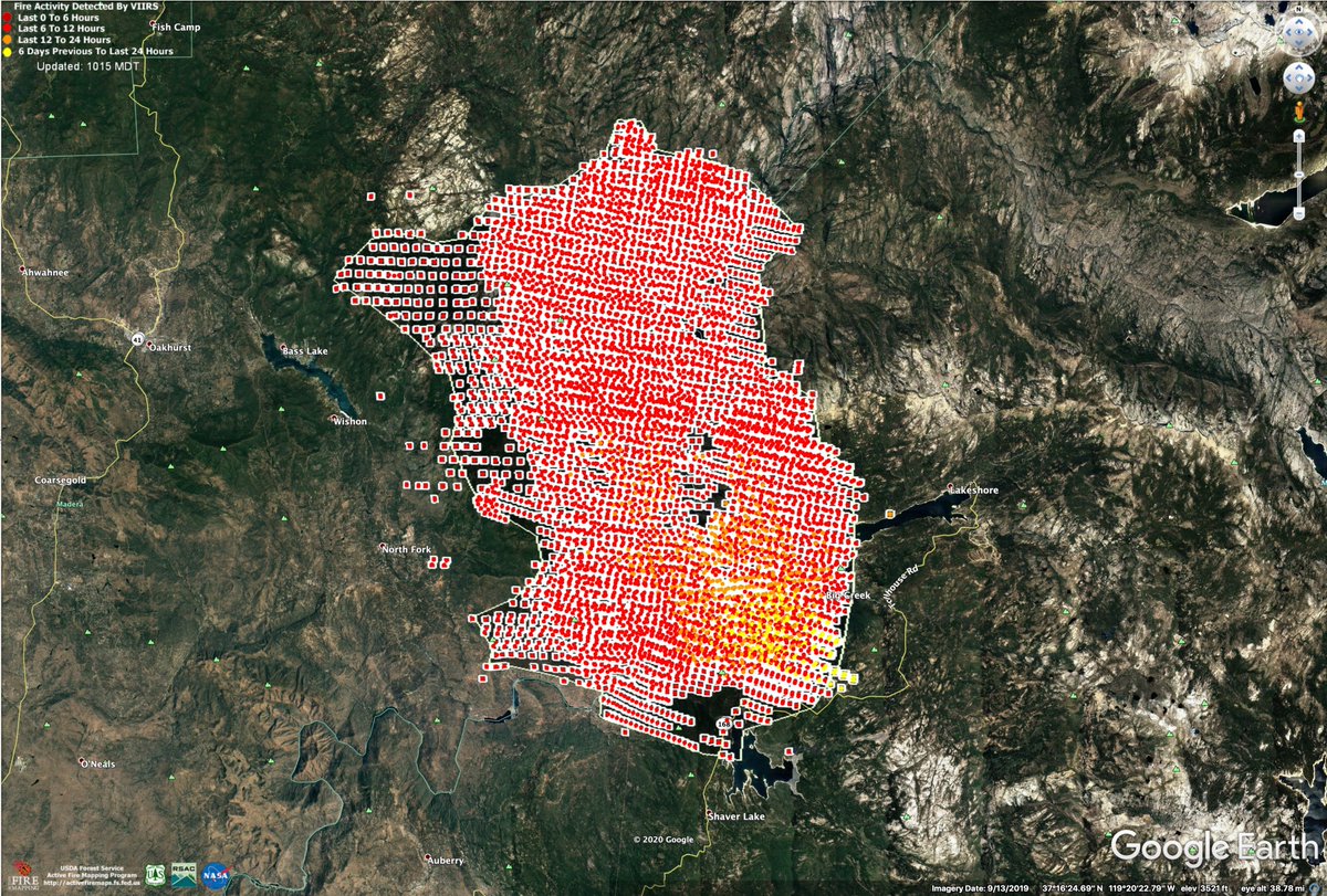 CreekFire - VIIRs heat detection puts the fire over 100,000 acres at 3am, 9/6/2020. Mapping may have major inaccuracies due to size of column, but even after throwing out outlying points, it is over 100,000 acres