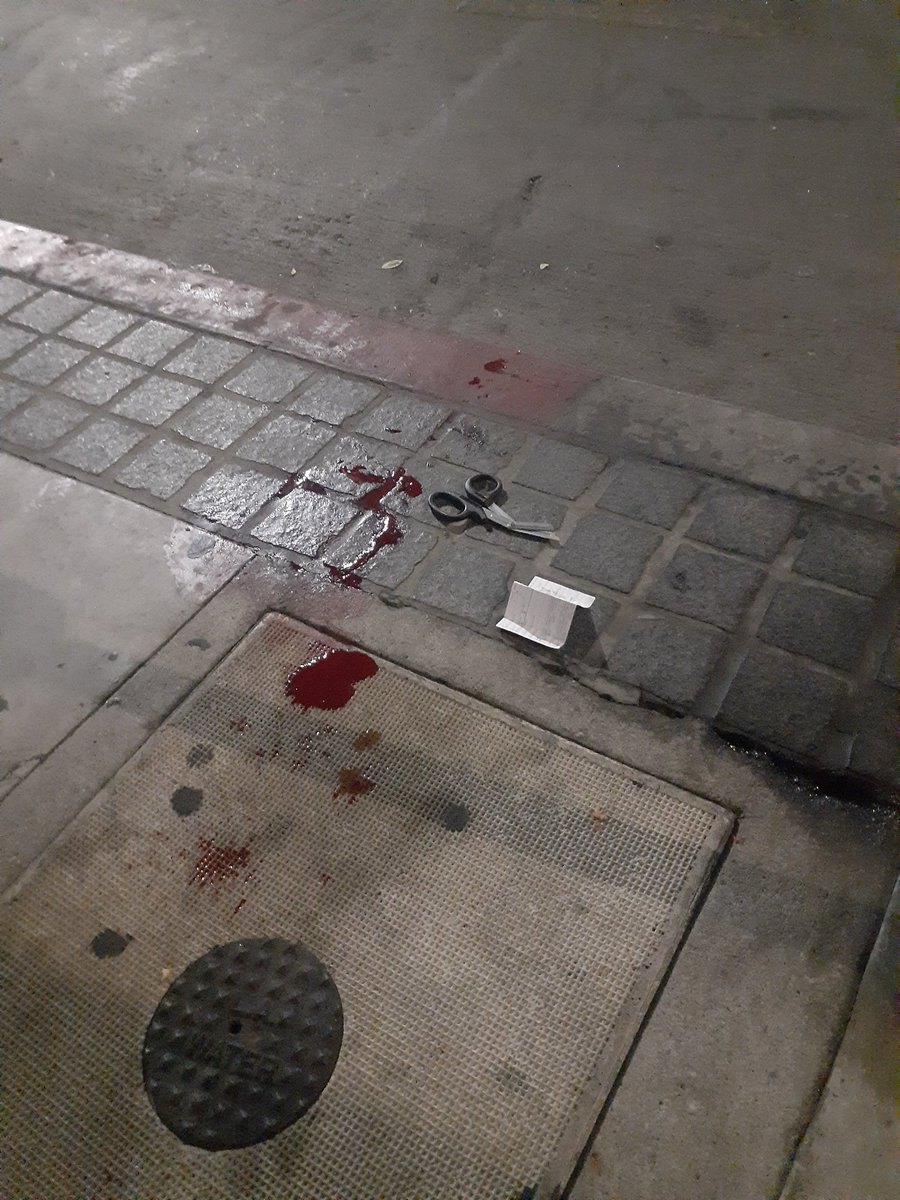 Shooting in DTLA on Spring street. Man got Shot in the Leg. 5th and Spring at 9pm. LAPD gathered evidence and by 10pm. They GONE. Fast Investigation.. They Left the Blood.. and Scissors and Something under that folded card