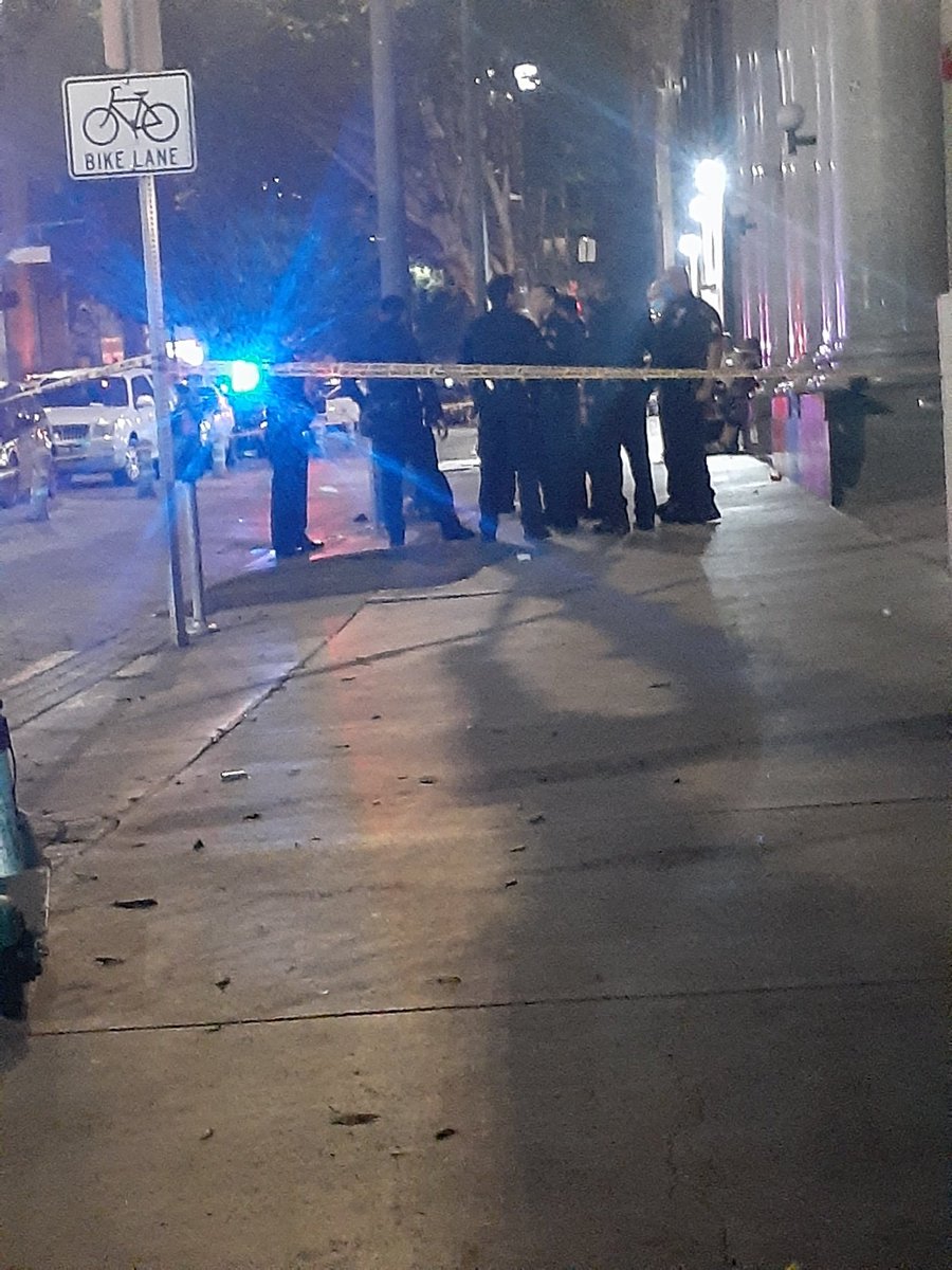 Shooting in DTLA on Spring street. Man got Shot in the Leg. 5th and Spring at 9pm. LAPD gathered evidence and by 10pm. They GONE. Fast Investigation.. They Left the Blood.. and Scissors and Something under that folded card