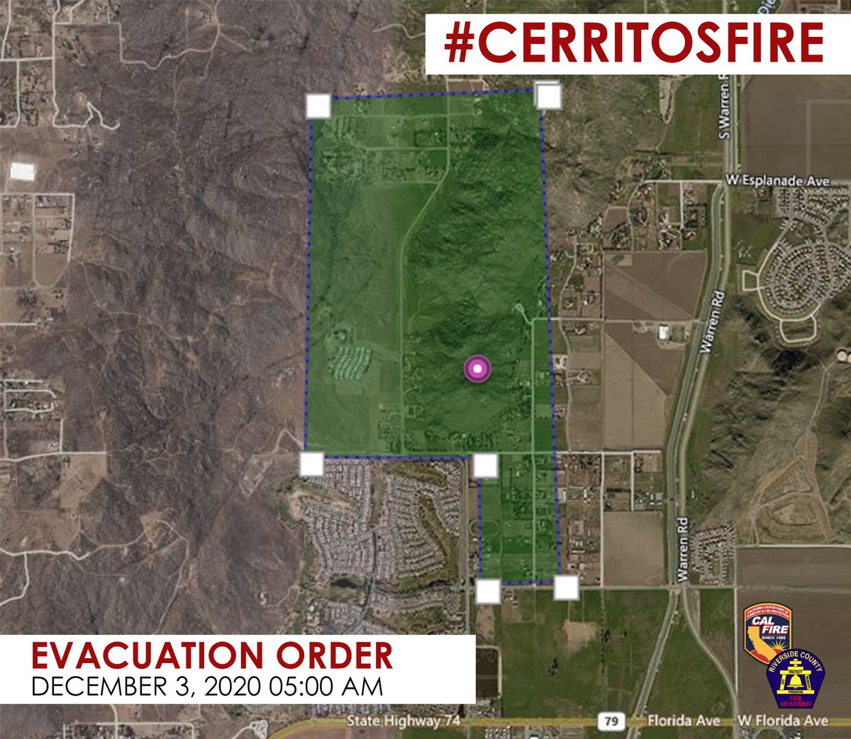 CerritosFire EVACUATION ORDER for residents that live on California Ave. North of Tres Cerritos Ave in the West Hemet Area. Temporary Evacuation Point has been established at Tahquitz High School 4425 Titan Trail Hemet Ca 92545