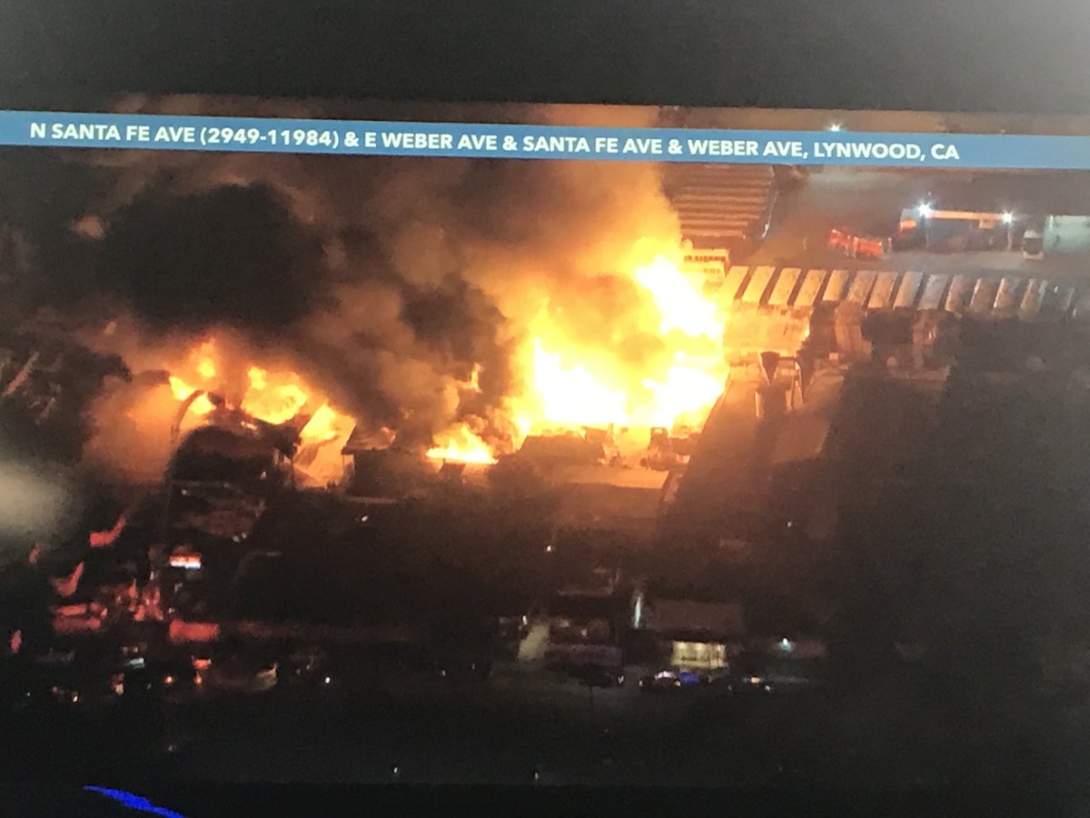 Massive structure fire in Compton where pallets appear to be burning. Lynwood, CA, USA Santa Fe avenue and Weber avenue 