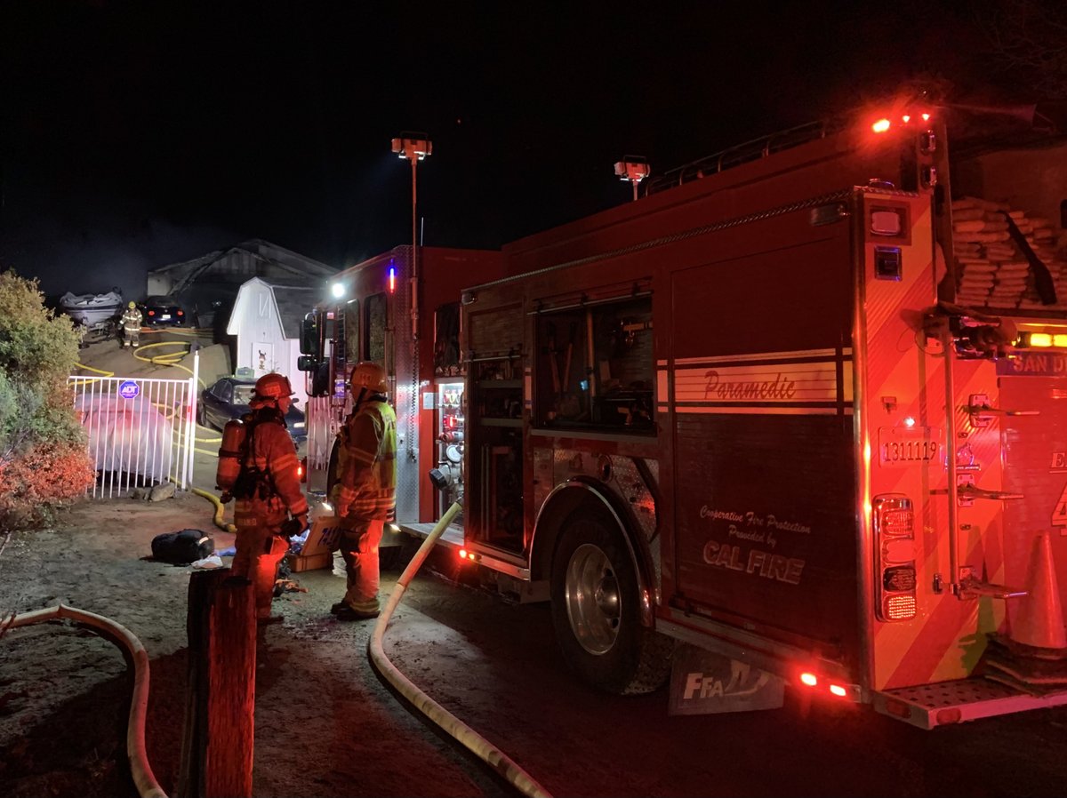 .@CALFIRESANDIEGO is at scene of a residential structure fire on Lake Morena Dr south of Cameron Truck Trail in Lake Morena. Fire has been contained to garage and attic space. One civilian suffered burn injuries and is being transported to hospital