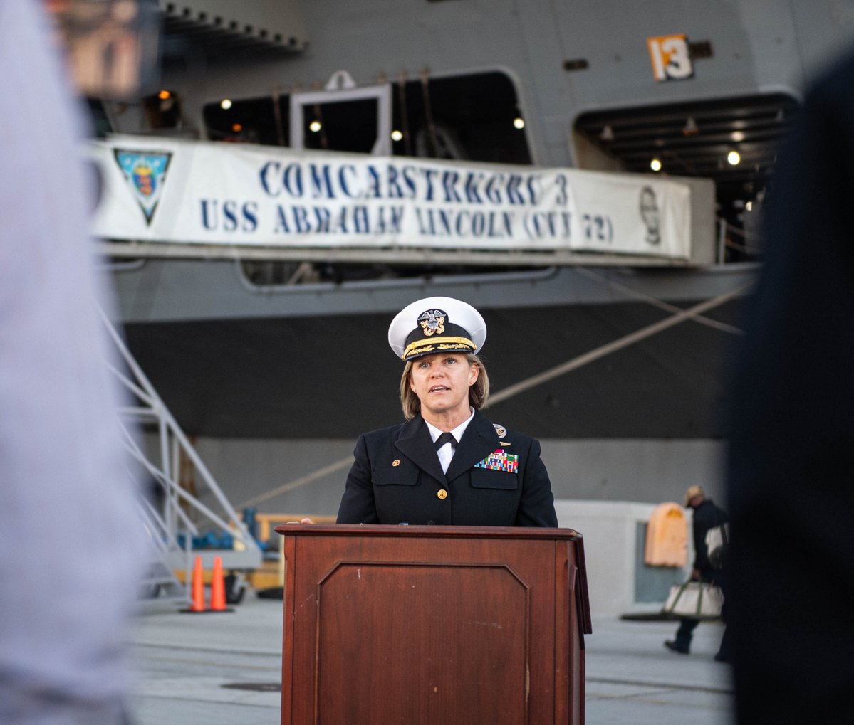 ABRAHAM LINCOLN CVN72 deployed fromm San Diego 3 Jan with Carrier Air Wing 9 CVW9, cruiser MOBILE BAY CG53, destroyers FITZGERALD DDG62, GRIDLEY DDG101, SAMPSON DDG102 & SPRUANCE DDG111. Abe CO CAPT Amy Bauernschmidt talks to media just before departure