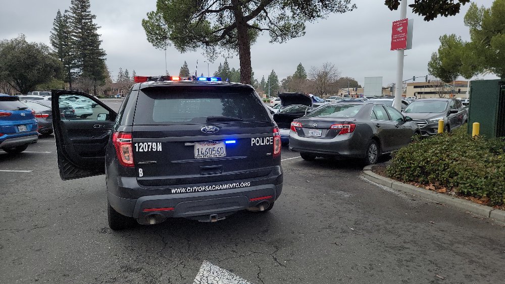 StolenVehicle 1689 Arden Way Sac PD responded to a report of a stolen vehicle at the Arden Mall. An officer was on foot and got a visual of the vehicle, occupied, in the parking lot in front of Starbucks. When additional police units arrived, a felony stop was executed