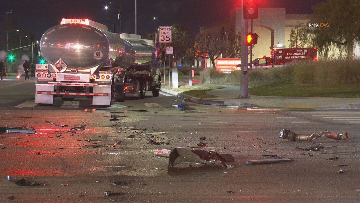 .@LAFD are dealing with a Hazmat incident after a major fiery crash involving a gasoline tanker in Canoga Park. One fatality on scene