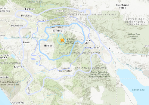 USGS reports a 3.5 magnitude earthquake occurred at 11:39 Monday night 6 miles northwest of Idyllwild in Riverside County. Map from United States Geological Survey