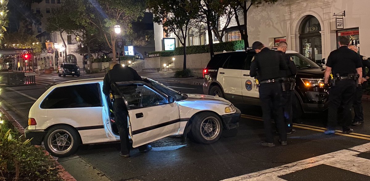 A PROMENADE CRASH Tuesday morning in Santa Barbara leads to the arrest of the driver of a small car that witnesses reportedly saw driving through parklets and patios on State Street and then do a reckless spinning turn.  This was near Figueroa. The street is closed to cars