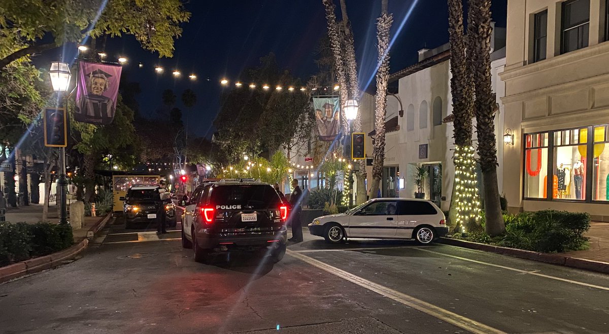 A PROMENADE CRASH Tuesday morning in Santa Barbara leads to the arrest of the driver of a small car that witnesses reportedly saw driving through parklets and patios on State Street and then do a reckless spinning turn.  This was near Figueroa. The street is closed to cars