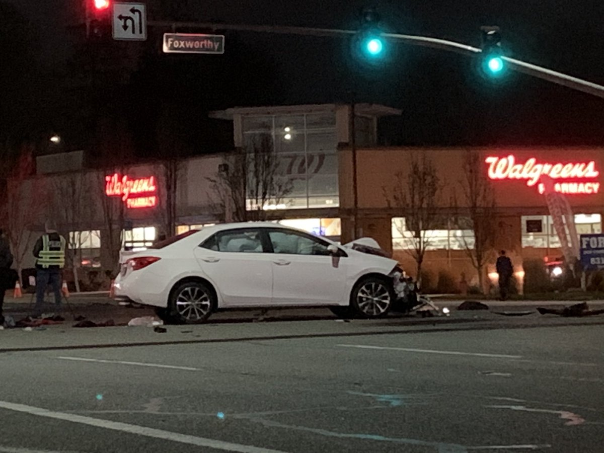 Clear trail of debris after a car crashed into three people at Foxworthy and Almaden in SanJose.   Two of them are dead, the third is injured.   The car on-scene shows airbags deployed and heavy front-end damage. 