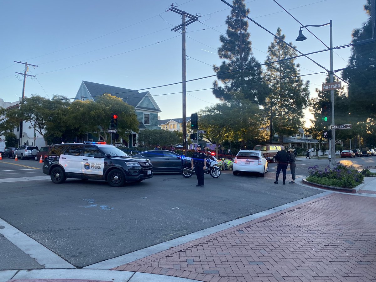 Vehicle vs. pedestrian. Anapamu at De La Vina. Pedestrian sustained injuries. Santa Barbara city fire, police, AMR on it. Intersection was closed for about 25 minutes.   This stretch of De la Vina is  for accidents.  Unknown who was at fault here