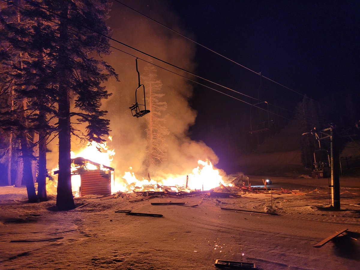 CAL FIRE responded with Truckee Fire District to a working structure fire at the top of Donner Ski Ranch Resort. The fire was well established prior to the arrival of fire resources. It could not be accessed by engines, so firefighters made access via snow cat and snow machine