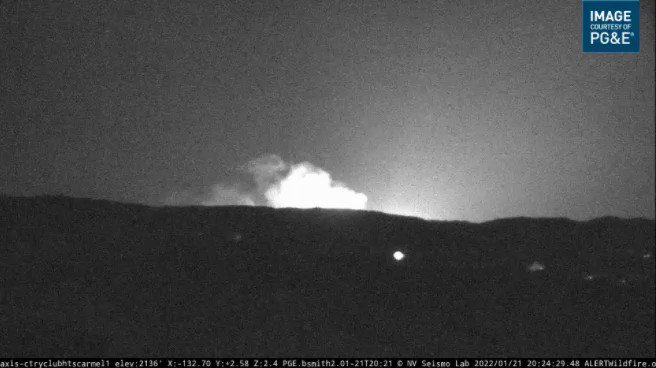 Webcam at CTRY CLUB HTS in Carmel Valley pointed toward the fire ongoing along the Big Sur Coast near Rocky Creek and Palo Colorado Canyon. Please avoid Highway 1 south of Carmel. Humidity is in the teens with gusts around 35 mph