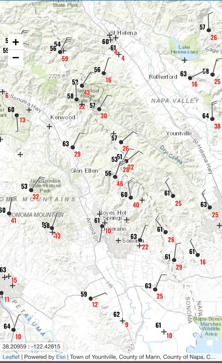 Gusts still 50-60 mph around the North Bay and Diablo Range. Note Pine Flat reporting gusts &gt; 60 (78 mph of late, gust to 80 mph earlier) and gusts 50 mph+ from Mt Diablo down into Danville and Windemere/San Ramon CAwx