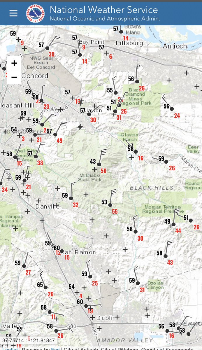 Gusts still 50-60 mph around the North Bay and Diablo Range. Note Pine Flat reporting gusts &gt; 60 (78 mph of late, gust to 80 mph earlier) and gusts 50 mph+ from Mt Diablo down into Danville and Windemere/San Ramon CAwx