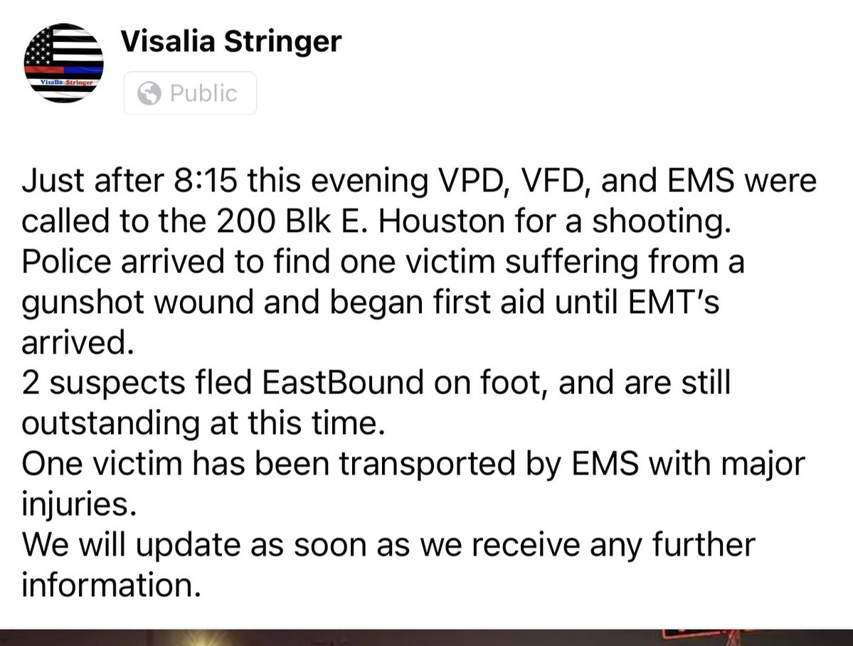 VPD, VFD and EMS were called to the 200 E Houston for a shooting. Visalia,California