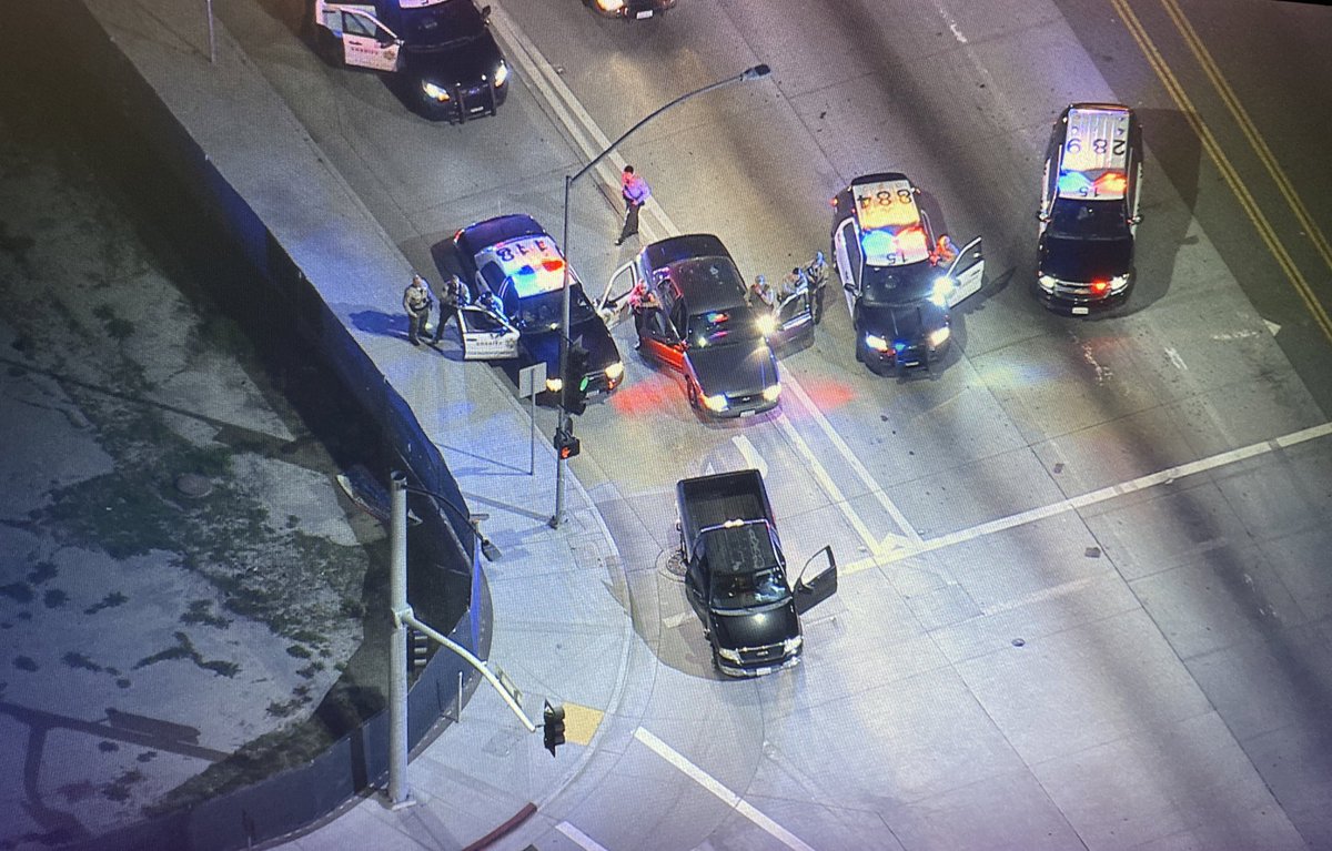 End of a stolen car pursuit in South Gate. Suspect tried to pull a fast one and take off after initially being pulled over but deputies were able to spike two tires. After a minor crash, the driver continued for a bit  but decided to give up. Two ladies in custody