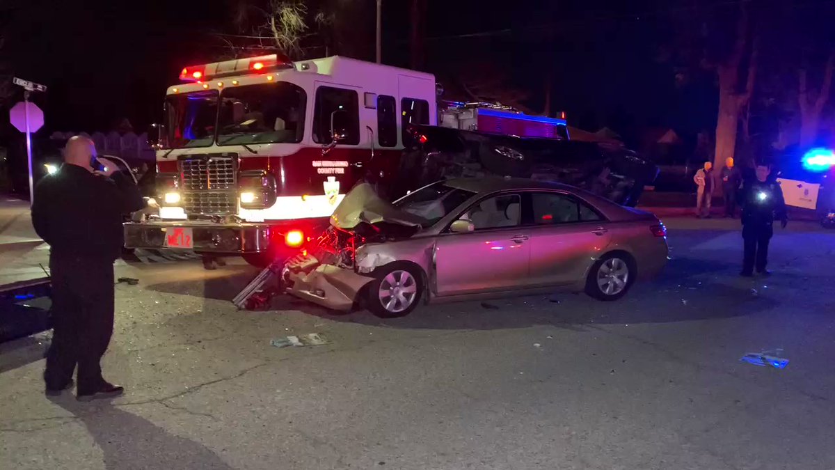 Traffic collision involving @SBCOUNTYFIRE. Fire department was on scene of a car vs ped, then 2 cars collided into the fire engine. 1 captain and 1 @UplandPD officer jumped out of the way as the collision occurred. Officer and Captin shaken up but ok Euclid/21st