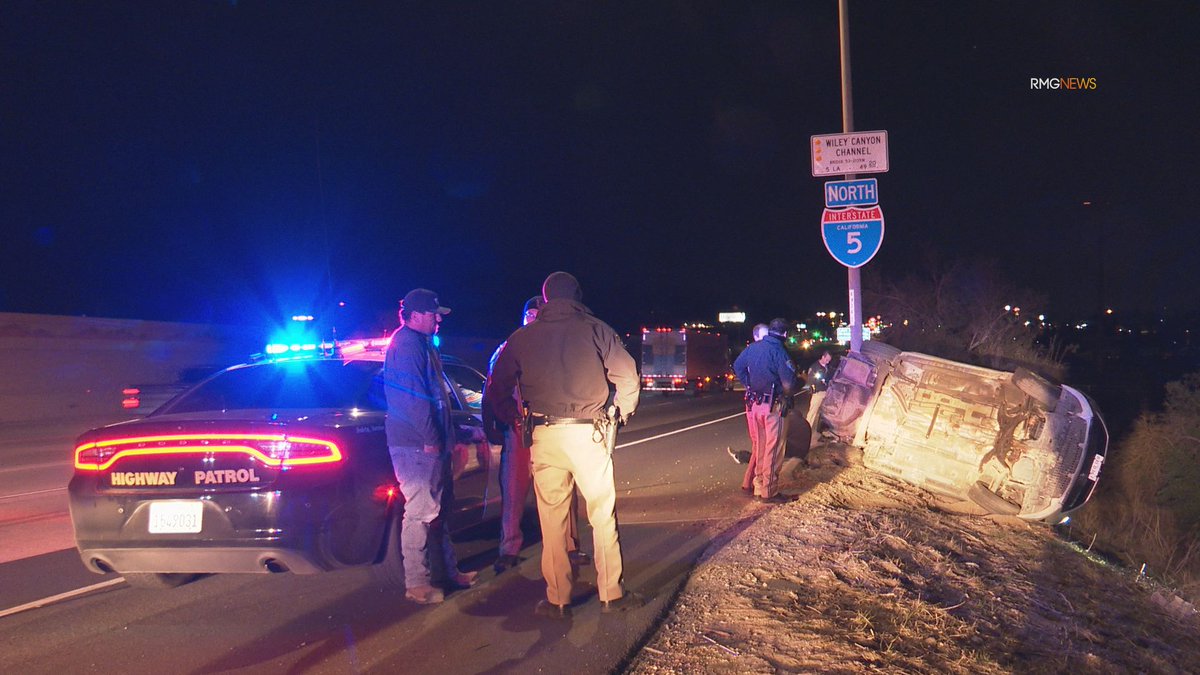 .@CHP_Newhall arrest driver for ADW after he rammed a vehicle off the freeway flipping the car. CHP received calls of shots fired and vehicles ramming each other prior to the crash NB 5 at Calgrove