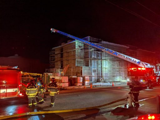 At 6:12pm, fire in 3 story, 50unit apartment building under construction,  Wilson St @ 9th St. Fire held to 3 units & interior hallway. Fire under control &amp; under investigation by Santa Rosa Fire. 4 Engines, 1 Ladder Truck, 1 Battalion Chief &amp; 1 Fire Investigator were assigned