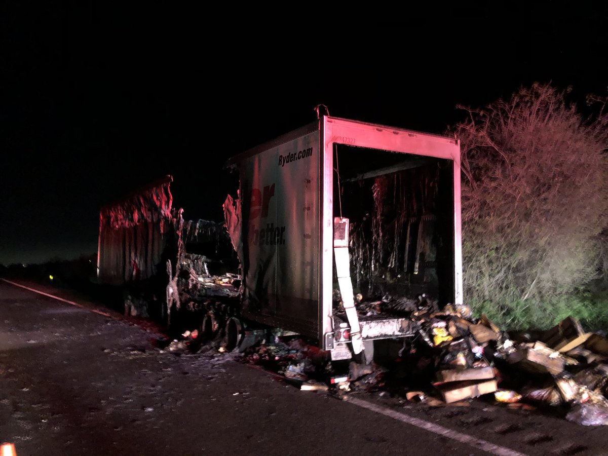 Big Rig Fire, Hwy 101 on Solomon Grade in SMR Valley. C/T 0154. SBC responded to fully involved big rig trailer with 3 E' and a BC. Crews on scene extinguished the trailer full of groceries and assisted with cleanup operations. Tractor not damaged No injuries reported.  