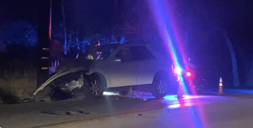 Mercedes SUV is found abandoned after a damaging crash into a power pole on Mission Canyon Rd. at Puesta Del Sol in Santa Barbara Monday night.  Santa Barbara Police and CHP on the scene trying to locate those inside