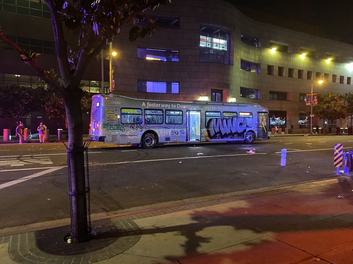 People got inside the bus and were setting off fireworks inside of it. It's smoking. One person just passed me holding his injured hand screaming fuck.  Police moved in on bikes with sirens blazing — and crowd ran off