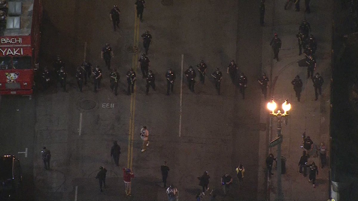 Police began to disperse what was left of the crowd. The LAPD does not use tear gas for crowd dispersal but will use other less-lethal options such as foam projectiles