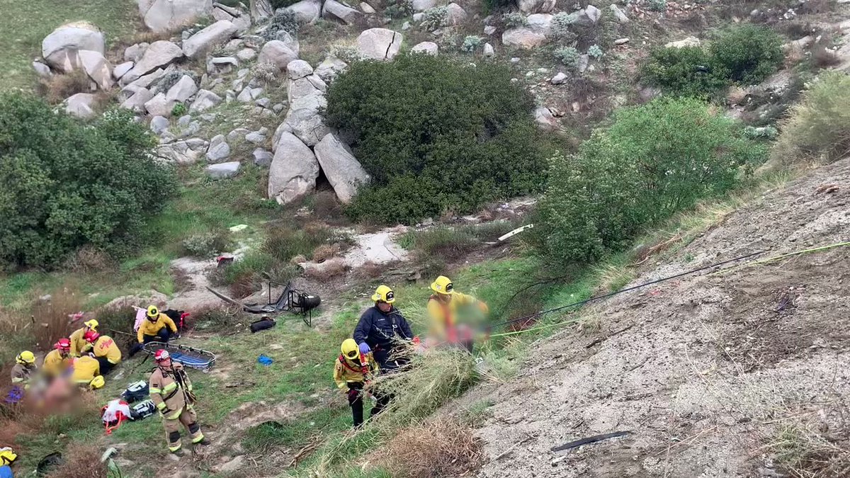 All 6 patients have been extricated from the vehicle.  Due to steep conditions, firefighters utilized a low angle rope system to extricate the patients from the scene