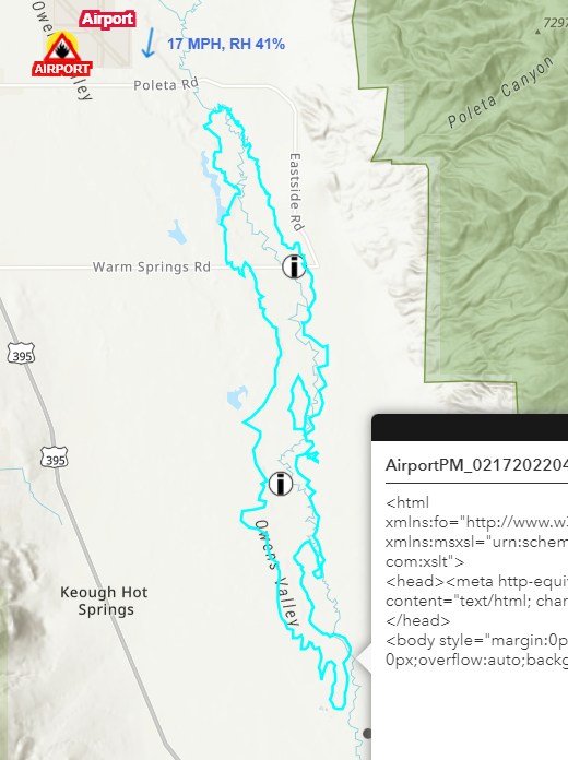 AirportFire (Bishop, Inyo Co) - Another updated fire perimeter has popped up in the last couple hours, putting it within 1/2 mile of the Caltech Observatory (coordinates in first image), resources are there for structure protection. The fire is approx 8.5 miles end to end