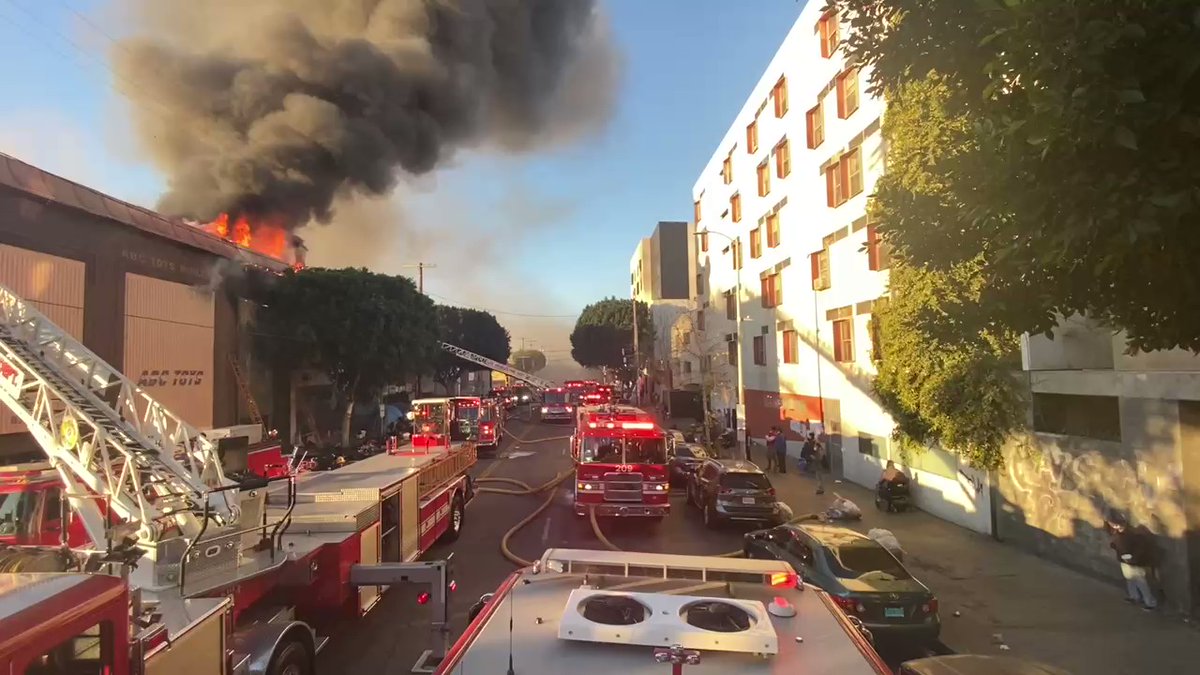 630 S San Pedro. Two story commercial building with  fire showing.