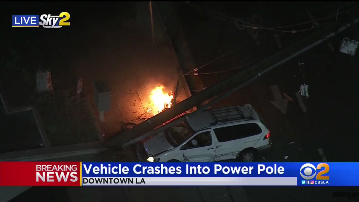 @RoadSageLA and his pilot noticed a big flash in the sky and discovered this car that had crashed into a power pole which started a fire and left live wires all over the street