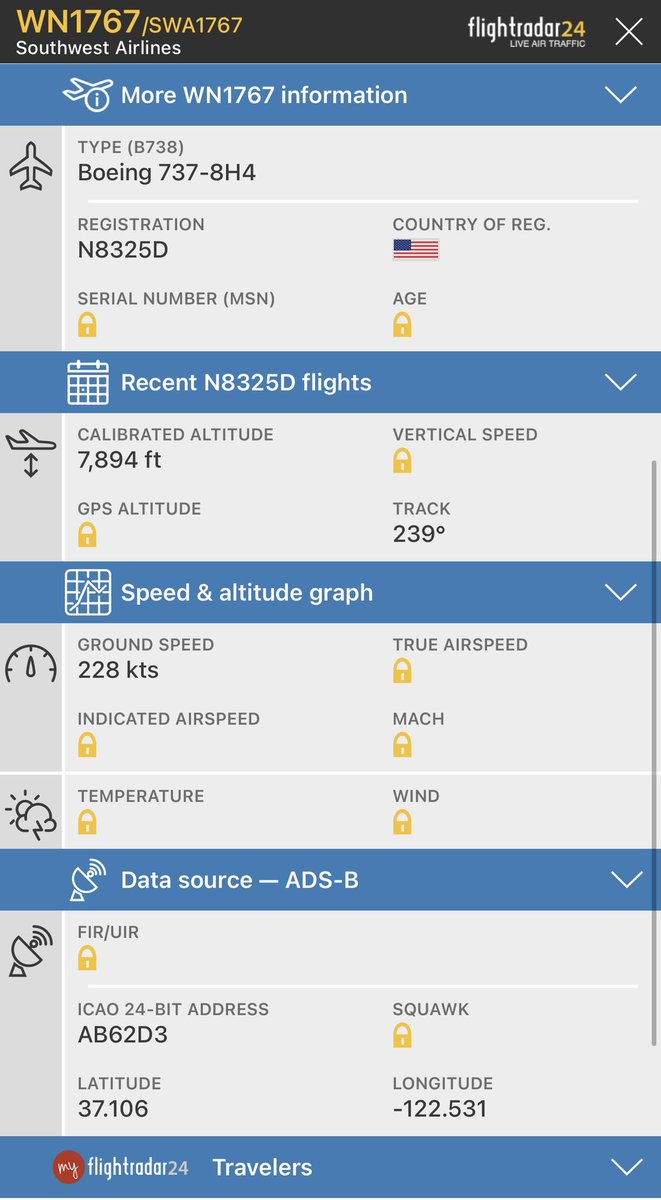 Southwest Airlines  WN1767/SWA1767  Type: Boeing 737-8H4  Registration: N8325D  Calibrated ALT: 7,900 ft